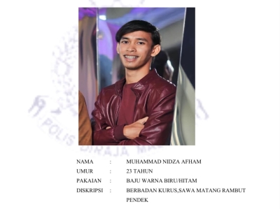 Klang police appeal for information on missing YouTuber Muhammad Nidza Afham