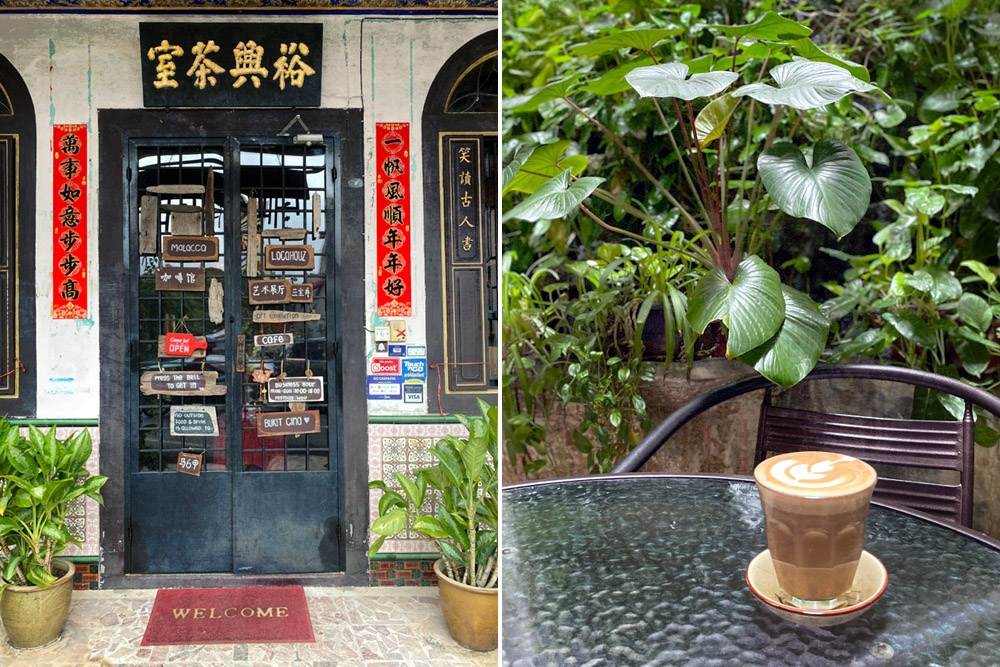 The entrance is emblazoned with signs (left). Latte amidst the lush greenery (right). — Picture by CK Lim