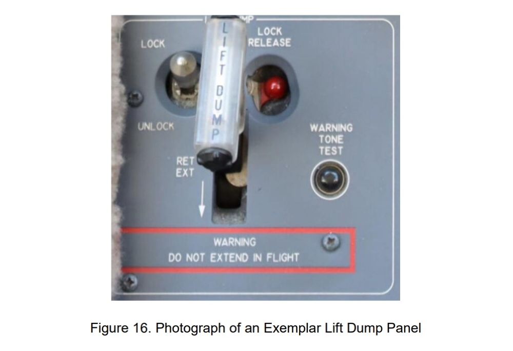 The lift dump handle and warning on an example of a lift dump panel. Screenshot of AAIB's final report on the August 17, 2023 plane crash at Elmina, Shah Alam. — Picture via the Air Accident Investigation Bureau (AAIB) 