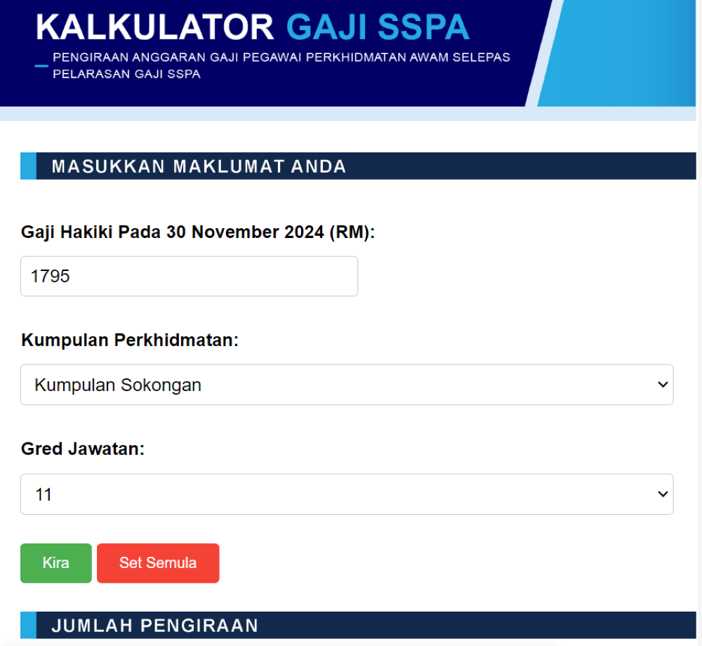 A screenshot shows the official online calculator with some particulars inserted.