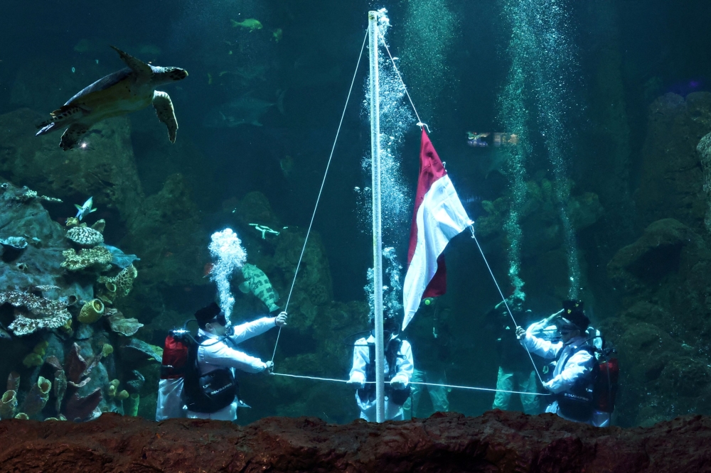 The Indonesian flag is raised during an underwater celebration of Indonesia's 79th Independence Day at Seaworld in Jakarta August 17, 2024. — Reuters pic  