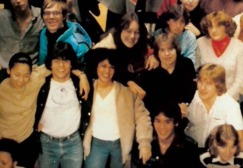 This 1981 yearbook image released by the Westmount High School and the English Montreal School Board, shows Kamala Harris (centre) posing with classmates. — AFP pic/English Montreal School Board/Westmount High School