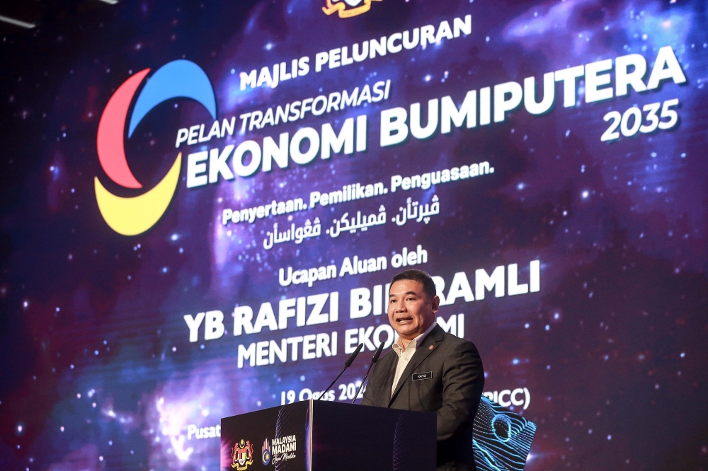 Economy Minister Rafizi Ramli speaks at the launch of the Bumiputera Economy Transformation Plan 2035 in Putrajaya on August 19, 2025. — Picture by Sayuti Zainudin