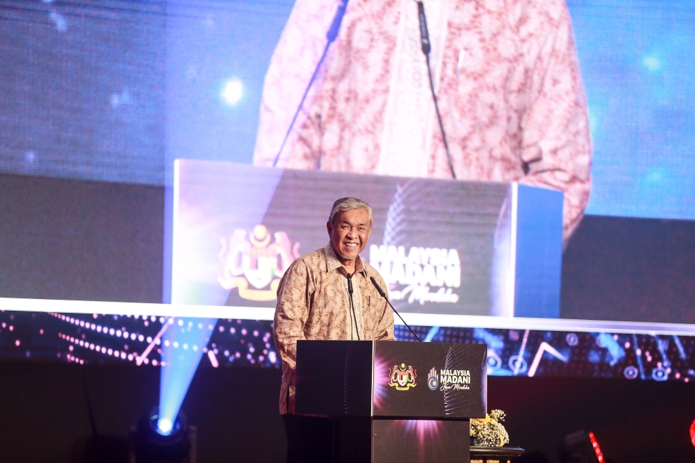 Deputy Prime Minister Datuk Seri Ahmad Zahid Hamidi deliver his speech during the launching of the 2035 Bumiputera Economy Transformation Plan in Putrajaya on August 19, 2025. — Picture by Sayuti Zainudin