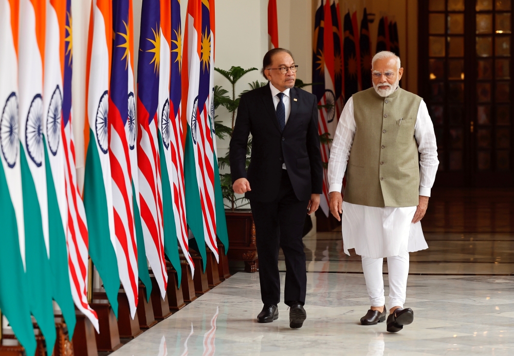 Prime Minister Datuk Seri Anwar Ibrahim, accompanied by his Indian counterpart Narendra Modi, attends a closed-door meeting at Hyderabad House in New Delhi August 20, 2024. — Bernama pic