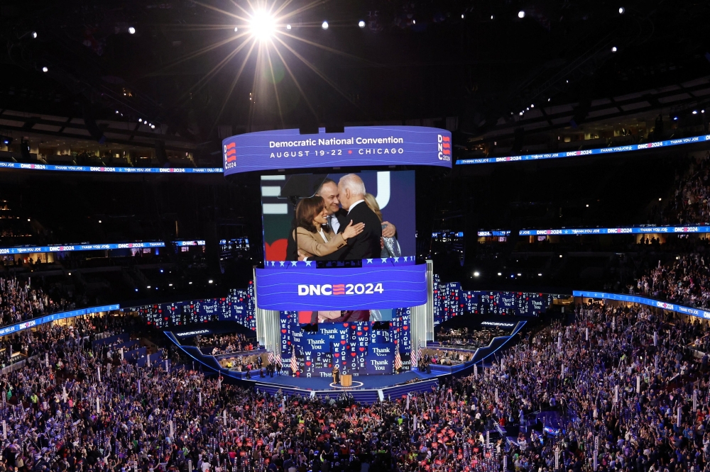 US President Joe Biden, first lady Jill Biden, Democratic presidential candidate, US Vice President Kamala Harris and Second Gentleman Doug Emhoff attend Day one of the Democratic National Convention (DNC) at the United Center in Chicago, Illinois August 19, 2024. — Reuters pic