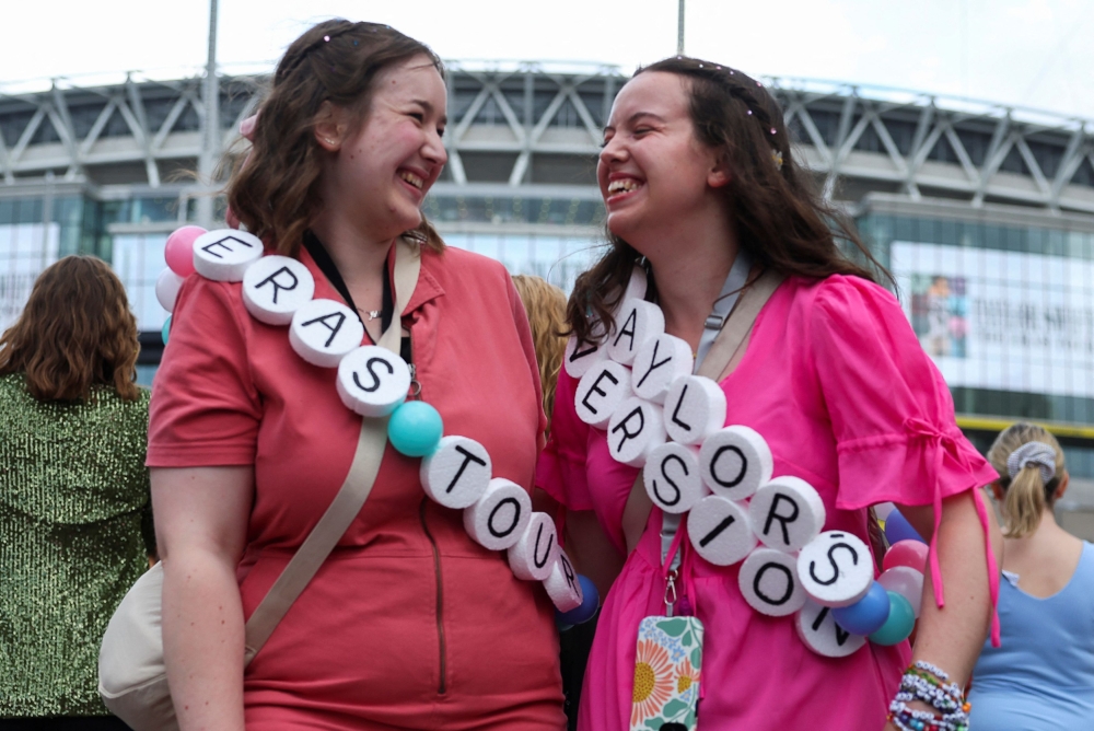 Fans wear big 'friendship bracelets', on the day of a Taylor Swift concert, following the cancellation of three Taylor Swift concerts in Vienna because of a planned attack, outside Wembley Stadium in London August 15, 2024. — Reuters pic  