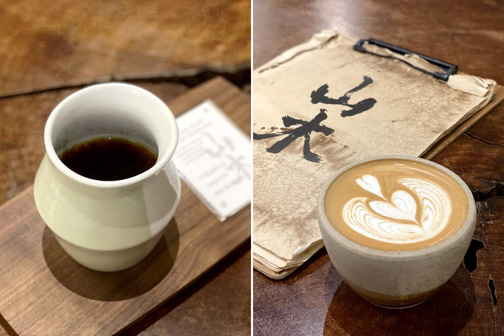 Pour-over coffee (left) and flat white (right). — Picture by CK Lim