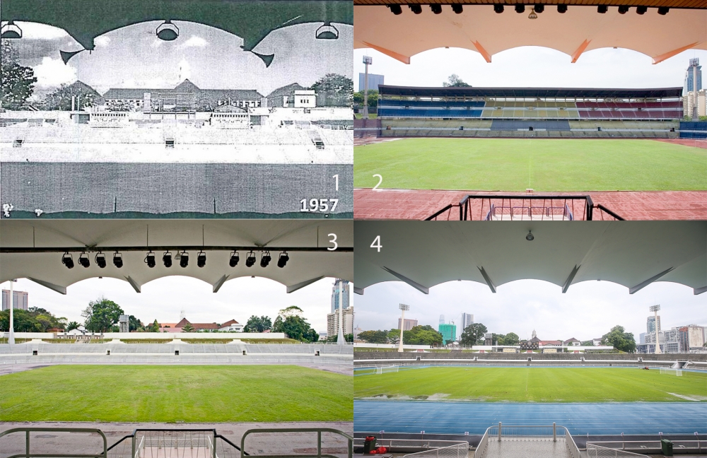 Malay Mail's photo collage of the view of Stadium Merdeka's eastern terrace. 1) original design with toilet blocks, 2) added upper tiers, 3) upper tiers removed, 4) restored original design with rebuilt toilet blocks and reinstated scoreboard position. — Pix 1 to 3 courtesy of PNB Merdeka Ventures, Pix 4 by Yusof Mat Isa on Aug 20, 2024