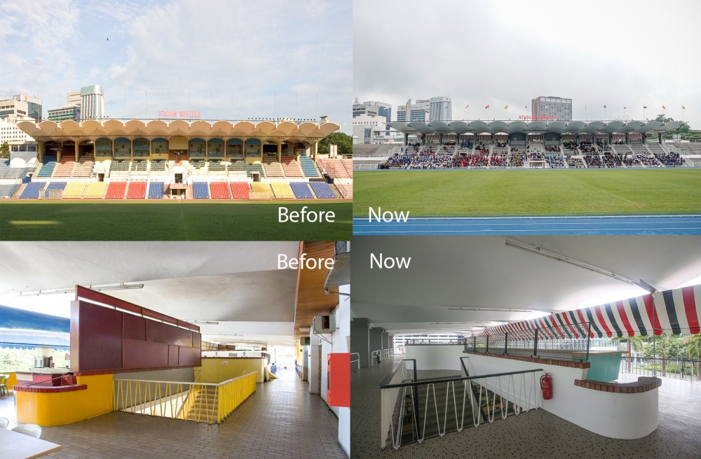 Malay Mail's photo collage of Stadium Merdeka before and after restoration. Top row: View of grandstand/ western side where closed-up spaces under shell roof were removed, plastic seats replaced with timber seats as originally designed. Bottom row: First floor's awning colour and tiles' design restored to original look. — Before courtesy of PNB Merdeka Ventures, Top Now pix by Raymond Manuel, Bottom Now pix by Yusof Mat Isa