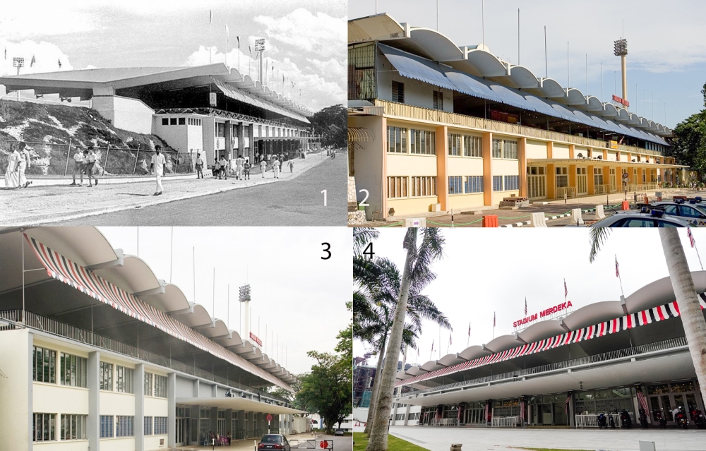 Malay Mail's photo collage of Stadium Merdeka's metal awning over its main entrance. 1) original look 2) painted blue in later years, 3) and 4) restored awning colour. — Pix 1 to 3 courtesy of PNB Merdeka Ventures. Pix 4 by Raymond Manuel on Aug 20, 2024