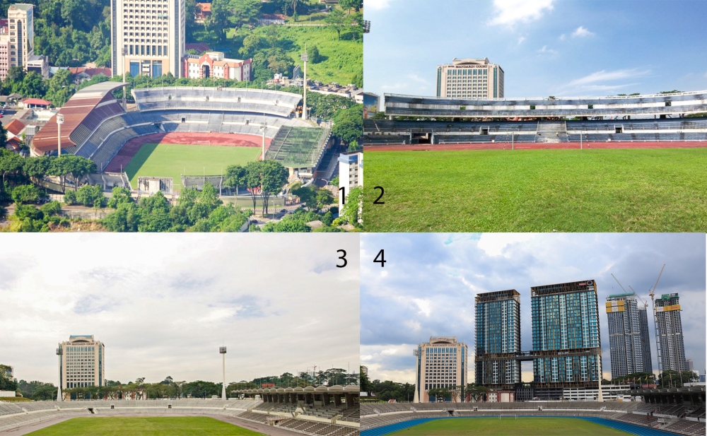 Malay Mail's photo collage of Stadium Merdeka's southern terrace (facing Maharajalela monorail station). 1), 2) Upper tiers added 3) Upper tiers removed. 4) Current look with original design restored. — All pix courtesy of PNB Merdeka Ventures