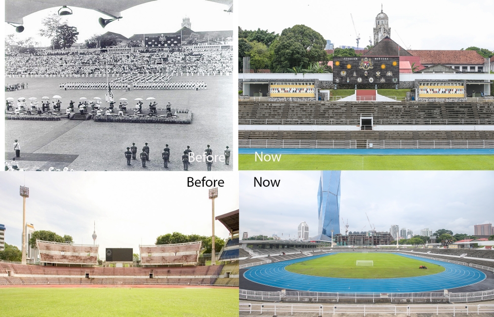 Malay Mail's photo collage of Stadium Merdeka. Top row: Scoreboard location restored / toilet blocks rebuilt at eastern terrace. Bottom row: Northern terrace now restored to original look by removing upper tiers and electric scoreboard. Before pictures courtesy of PNB Merdeka Ventures. Now pictures by Yusof Mat Isa on Aug 20, 2024