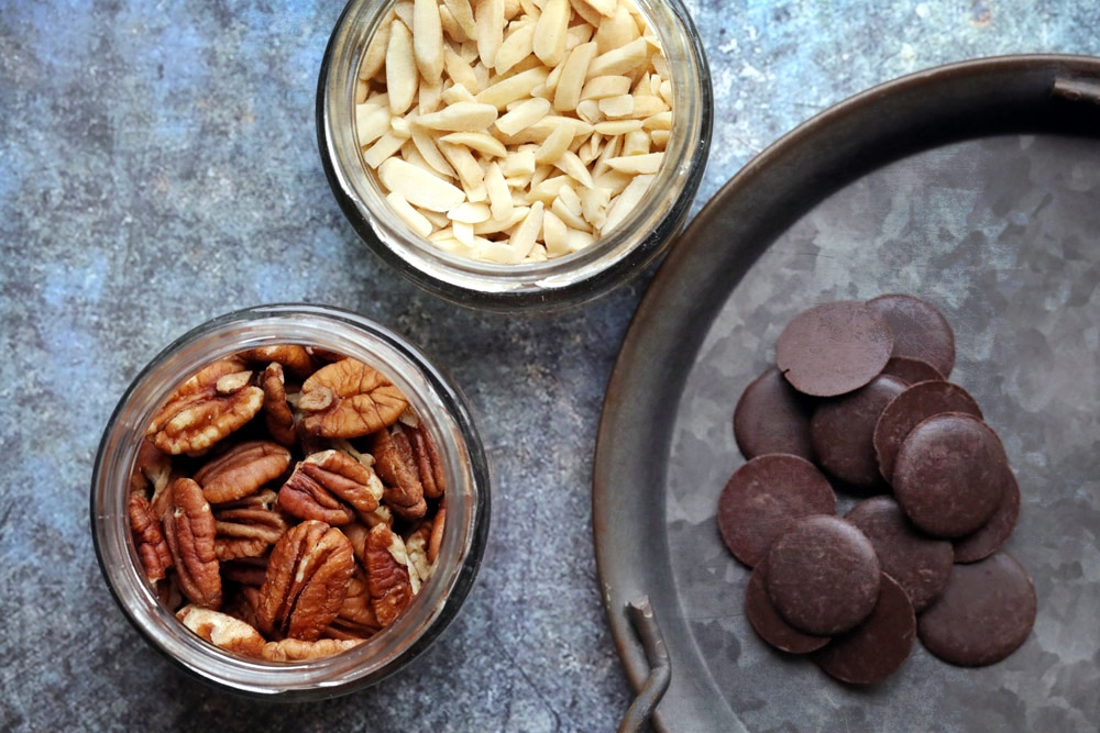 Pecans, slivered almonds and chocolate discs. — Picture by CK Lim