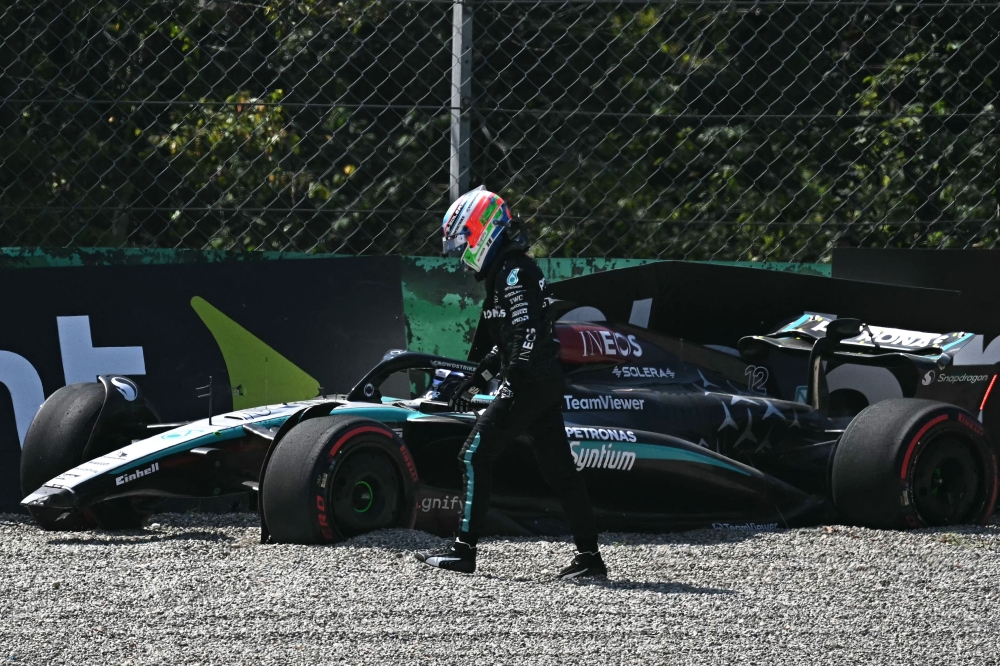 Mercedes’ Italian driver Andrea Kimi Antonelli leaves his car after crashing during first practice session, ahead of the Italian Formula One Grand Prix at Autodromo Nazionale Monza circuit, in Monza August 30, 2024. — AFP pic