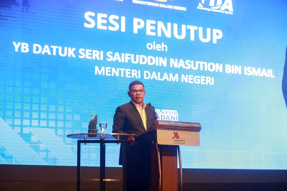 Home Minister Datuk Seri Saifuddin Nasution Ismail delivering his speech during the 2024 Domestic Security Conference here at Marriot Hotel, Putrajaya. — Picture by Sayuti Zainudin