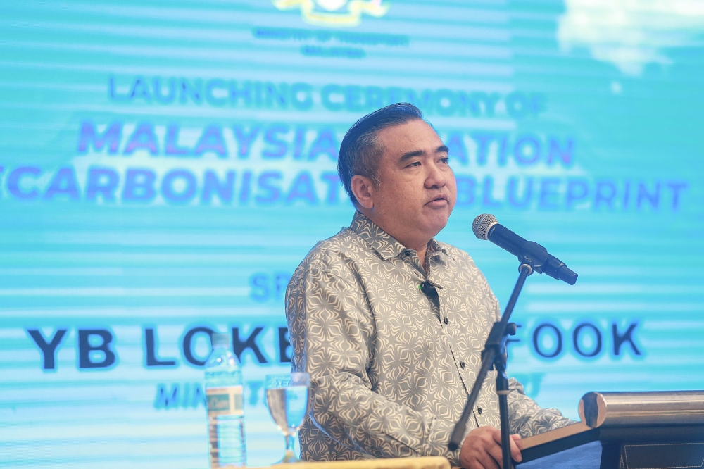 Transport Minister Anthony Loke Siew Fook delivers his speech during the launch of the Malaysian Aviation Sector Decarbonisation Roadmap  at De Palm Hotel, Putrajaya September 5, 2024. — Bernama pic