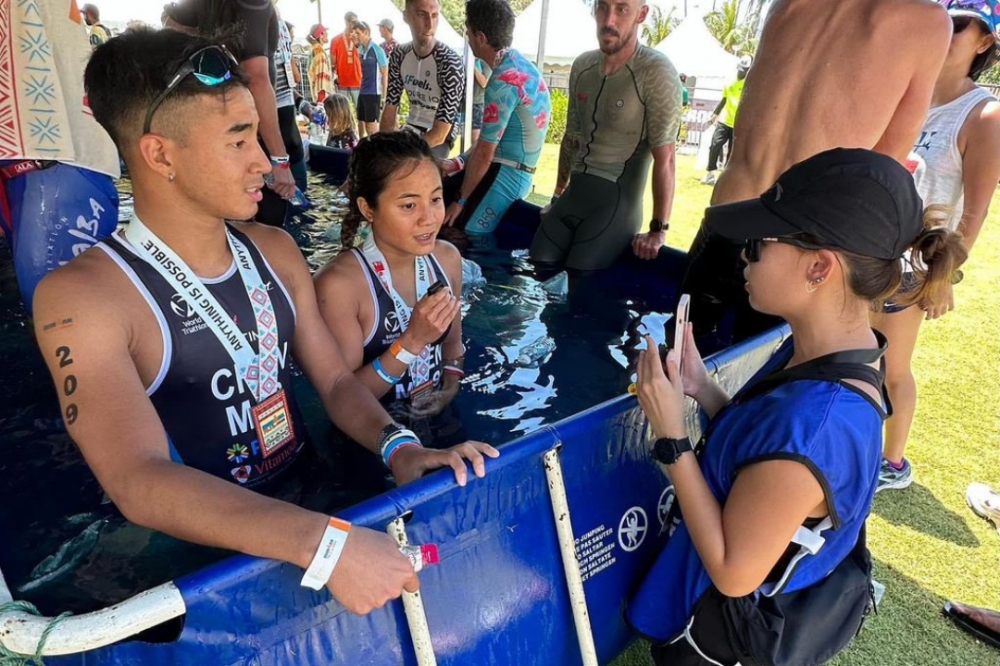 Co-founder Elaine interviewing triathletes and siblings Esther Joy Chen and Daniel John Chen at the 70.3 Ironman in Desaru, Johor. Both representing Malaysia. Esther was also a former Wushu athlete for Malaysia.