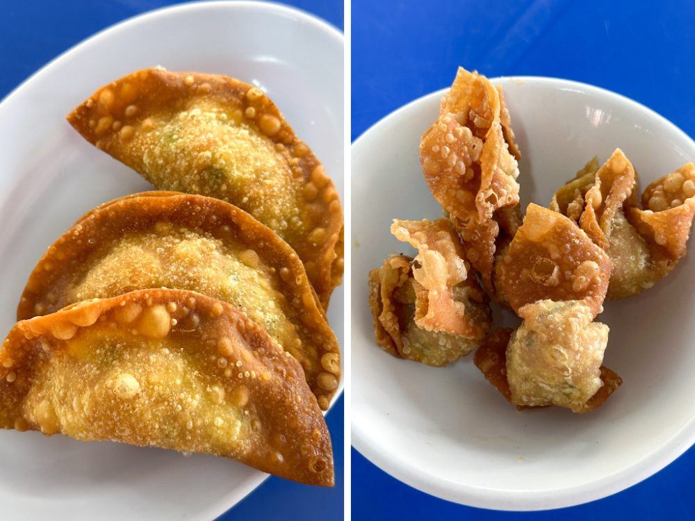 Crunch down on deep fried ‘sui kow’ with your curry. / (Right)  The fun is in the crispy ‘wantans’ filled with a minced pork. — Picture by Lee Khang Yi