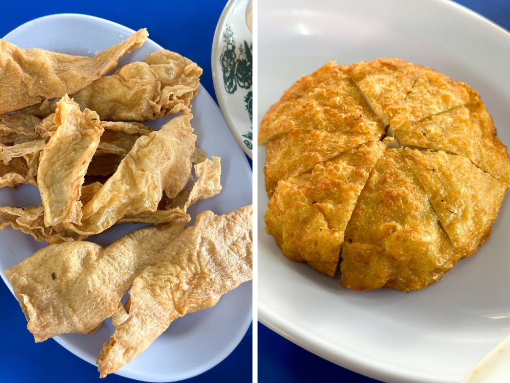 The fish cake is not too salty with a slight springy bite. / (Right) Snack on these fried ‘fuchuk’ stuffed with fish paste. — Picture by Lee Khang Yi