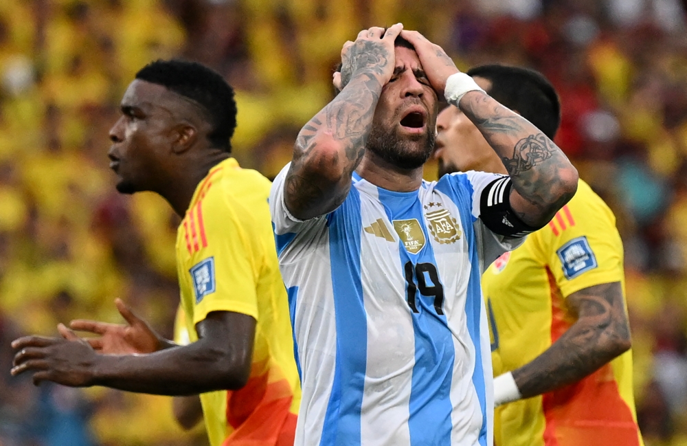 Argentina's defender Nicolas Otamendi reacts during the 2026 FIFA World Cup South American qualifiers football match between Colombia and Argentina, at the Metropolitano Roberto Mel?ndez stadium in Barranquilla, Colombia, on September 10, 2024. — AFP pic