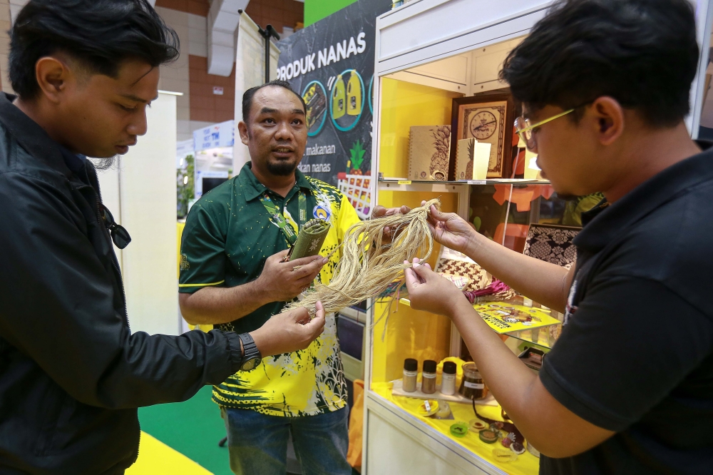 Malaysian Pineapple Industry Board assistant science officer Norasnawri Norhayat shows visitors pineapple leaf fibres during their visit to the Malaysian Pineapple Industry Board booth at the 2024 Malaysian Agriculture, Horticulture and Agro-tourism Exhibition at the Malaysian Agro Exposition Park Serdang (MAEPS) September 11, 2024. — Picture by Sayuti Zainudin