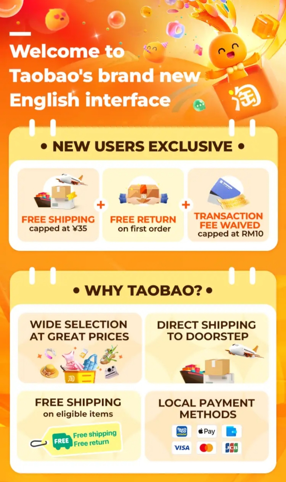 A welcome page for new Taobao users using the English interface alongside exclusive offers for first-timers. — Picture by Kenneth Tee