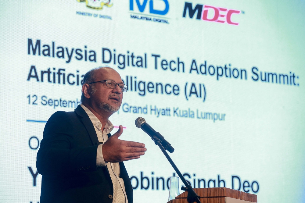 Digital Minister Gobind Singh Deo delivers his speech during the launch of the Malaysia Digital Tech Adoption Summit at the Grand Hyatt Hotel in Serdang September 12, 2024. — Picture by Sayuti Zainudin 