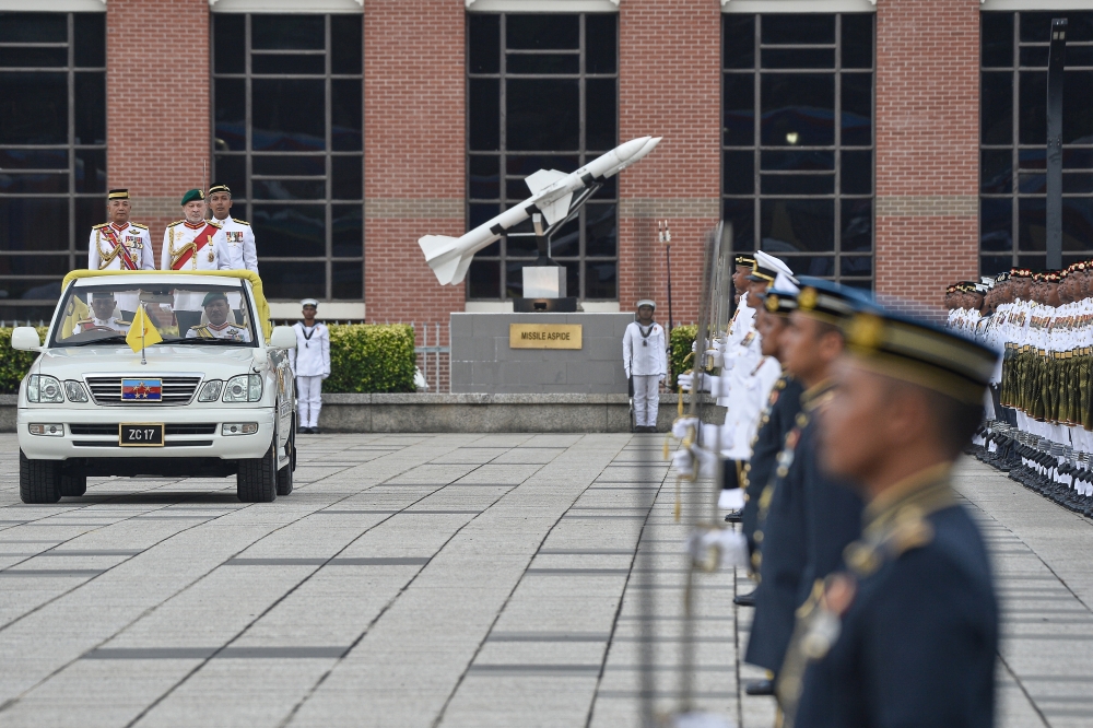 Sultan Ibrahim inspects the guard of honor at the Trooping of the Colours ceremony in conjunction with His Majesty's birthday celebration at Dataran Pahlawan, Precinct 1, Putrajaya September 14, 2024. — Bernama pic