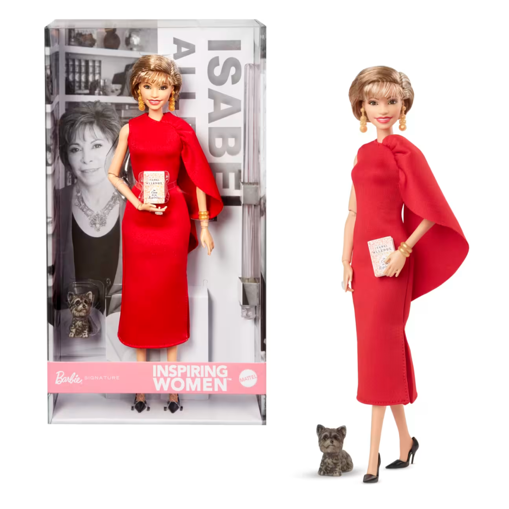 The Barbie version of  Isabel Allende features the author alongside her dog Perla and a miniature replica of her first novel. — Image from Mattel