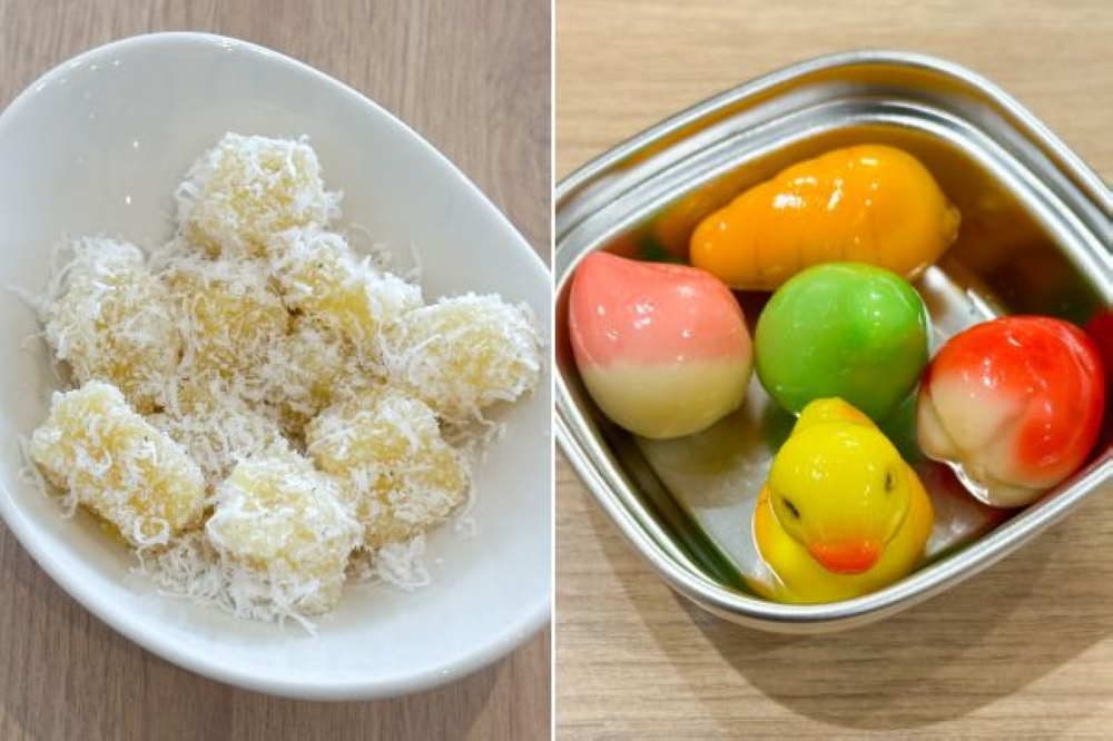 (L-R): Man Tab or steamed tapioca ‘kuih’ covered with freshly grated coconut is best eaten warm, and Luk Chup is whimsical with its fun shapes but the bean paste is quite mild.