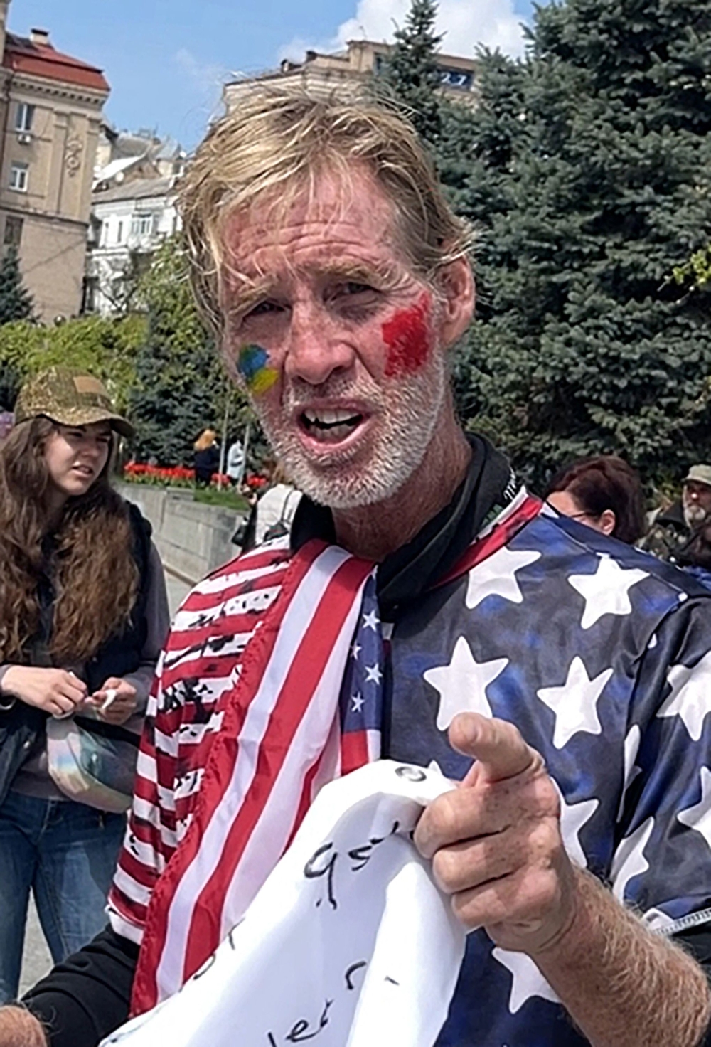 This screengrab taken from AFPTV on September 16, 2024 shows Ryan Wesley Routh speaking during an interview at a rally to urge foreign leaders and international organisations to help provide humanitarian corridors for the evacuation of civilians and Ukrainian servicemen from Mariupol in central Kyiv on April 27, 2022, amid Russia's invasion of Ukraine. — AFP pic