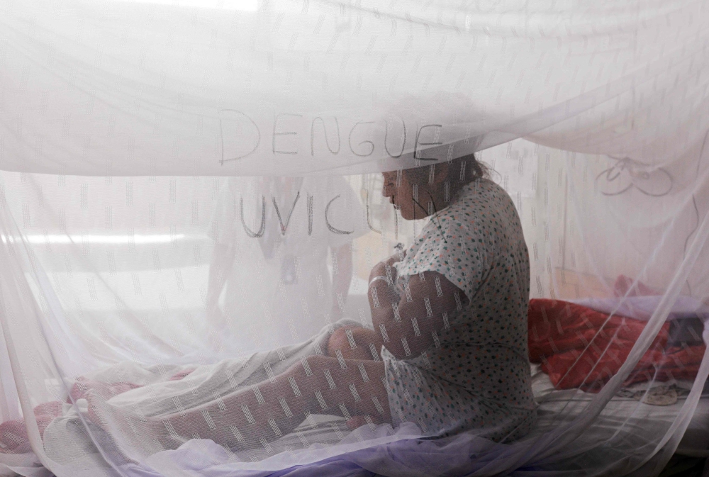 Josselyn Caqui, a pregnant dengue fever patient, talks to a nurse from under a mosquito net at the Sergio Bernales National Hospital in the outskirts of Lima April 17, 2024. Climate change’s fingerprints are in everything from record outbreaks of dengue in Latin America and the Caribbean to the spread of West Nile Virus in the United States. — AFP pic