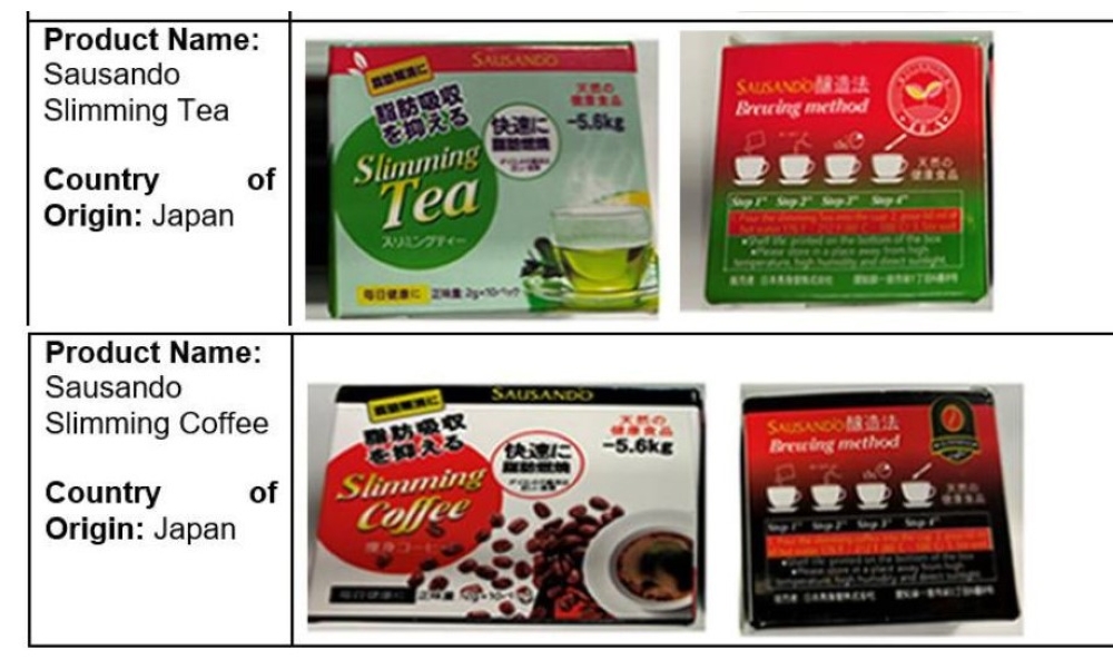 Japan’s Sausando Slimming Coffee and Sausando Slimming Tea. — Pictures via Facebook.com/Singapore Food Agency