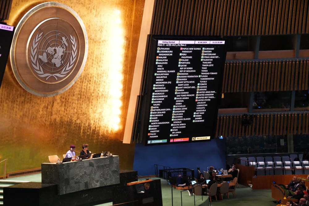 The final result of a vote during the emergency session on the legal consequences of Israel's actions in the Palestinian territories is shown at United Nations Headquarters on September 18, 2024 in New York. — AFP pic