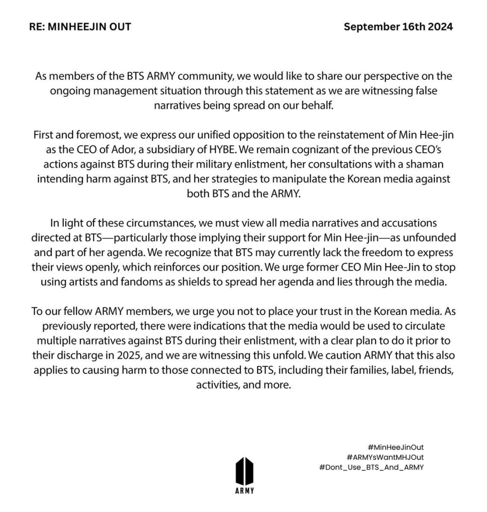 The statement was issued by a collective claiming to represen BTS' fandom.  — Image via Twitter/BTS Army Community