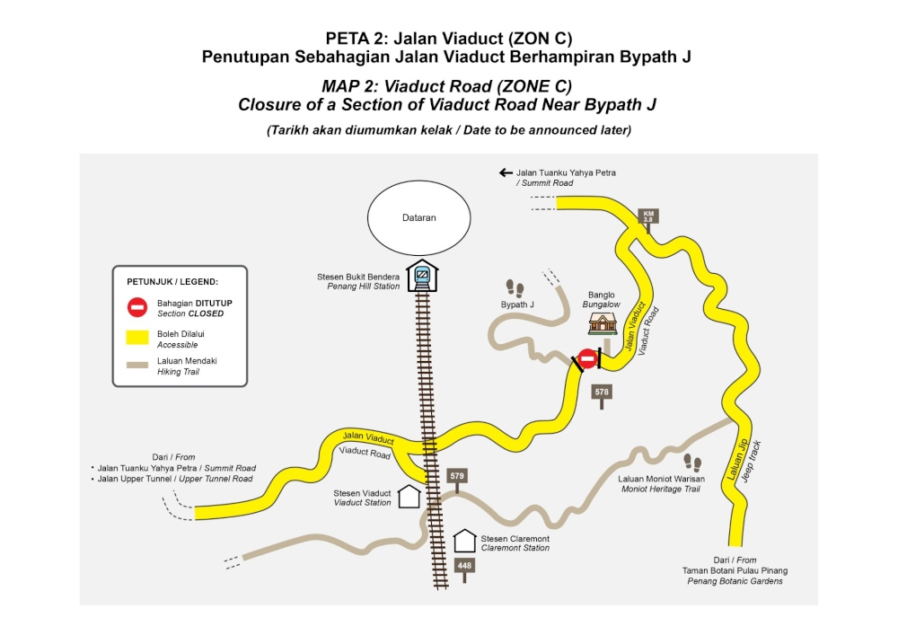 Map of the closure of a section of Viaduct Road. — Map courtesy of Penang Hill Corporation