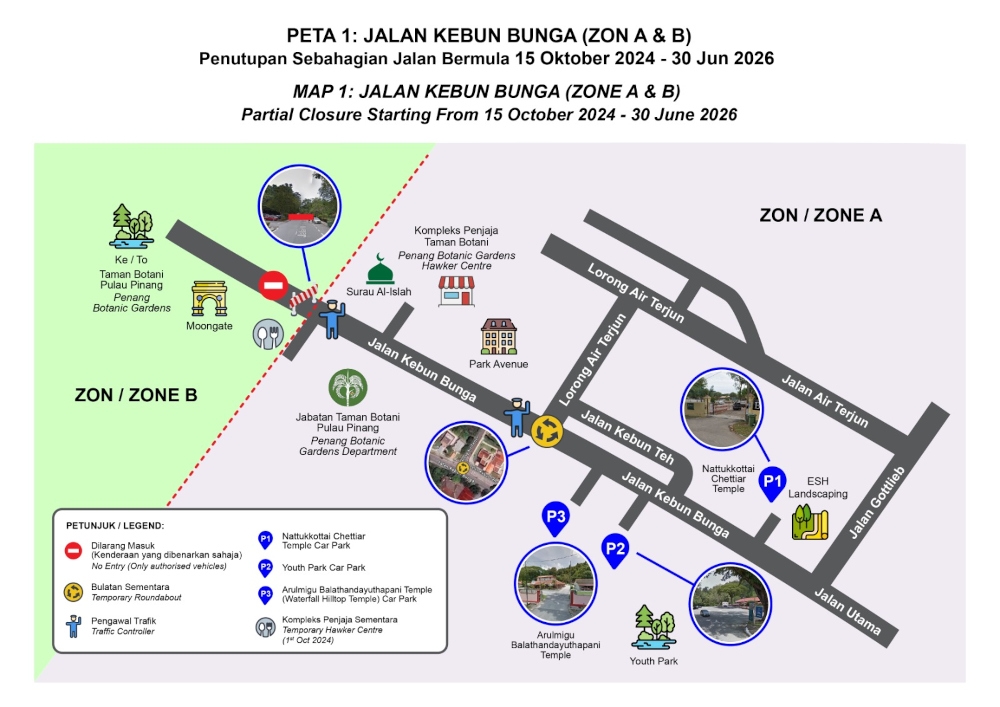 Map of the partial closure of the Jalan Kebun Bunga. — Map courtesy of Penang Hill Corporation