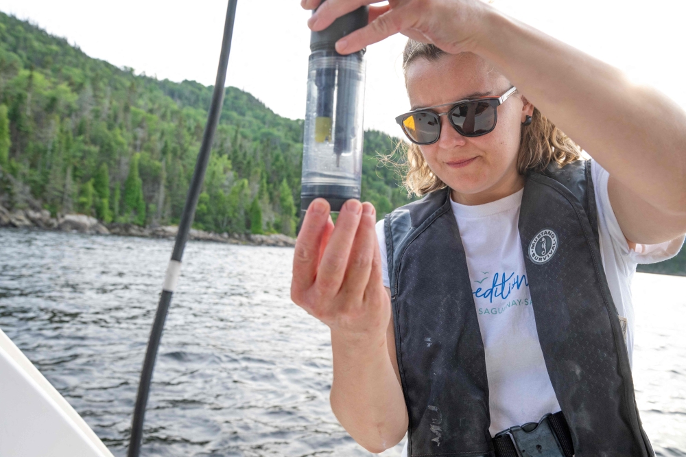 Viridiana Jimenez Marine Biologist and Communications Specialist for Reseau Quebec Maritime at work during the Blue Expedition, in Petit-Saguenay, Quebec July 24, 2024. — AFP pic