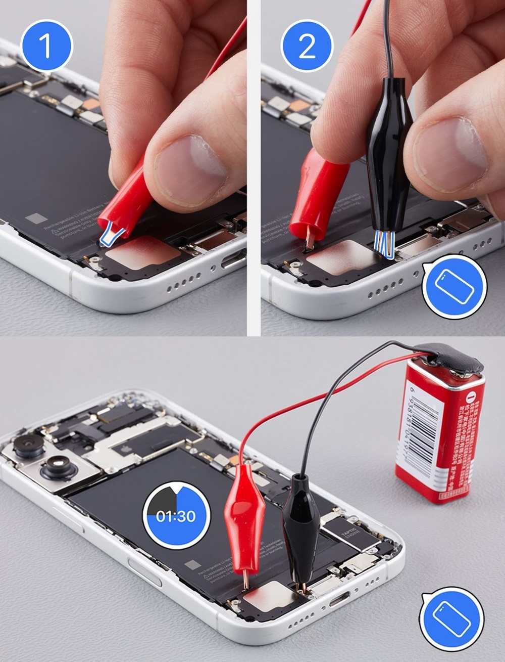 Apple recommends using a 9V battery for 90 seconds to debond the adhesive. — SoyaCincau pic