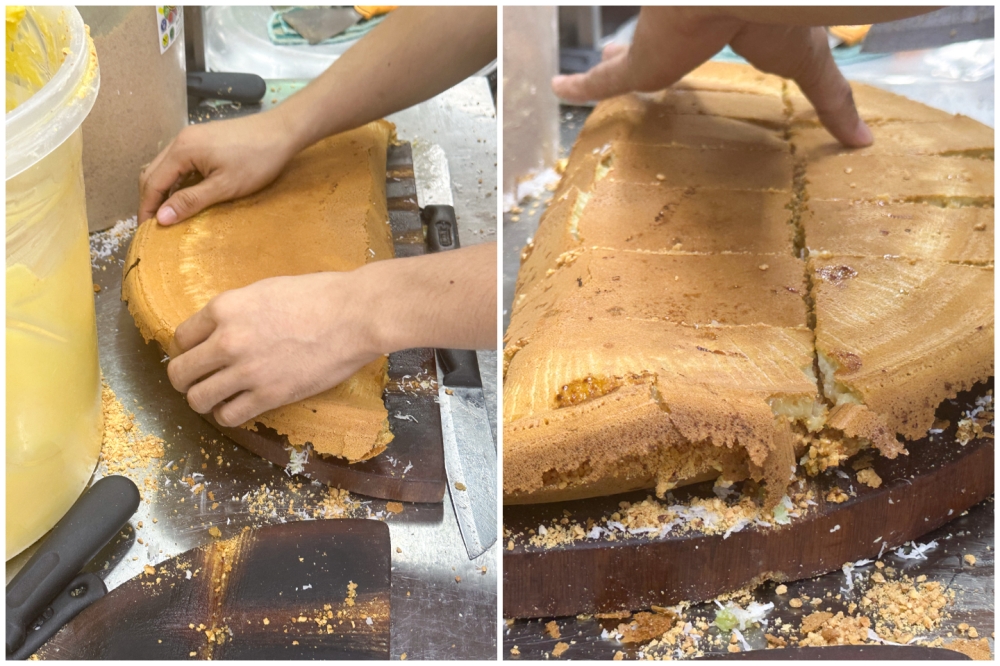 The pancake is folded in the middle (left). Using the grooves on the special chopping board, the large 'apam balik' is cut to ensure each piece is the proper serving size. — Pictures by Lee Khang Yi