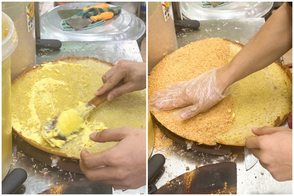 Once cooked, they will spread the margarine over the hot pancake (left). Rather than sprinkling the toasted ground peanuts when cooking the pancake, here it is only added when the pancake is cooked. — Pictures by Lee Khang Yi