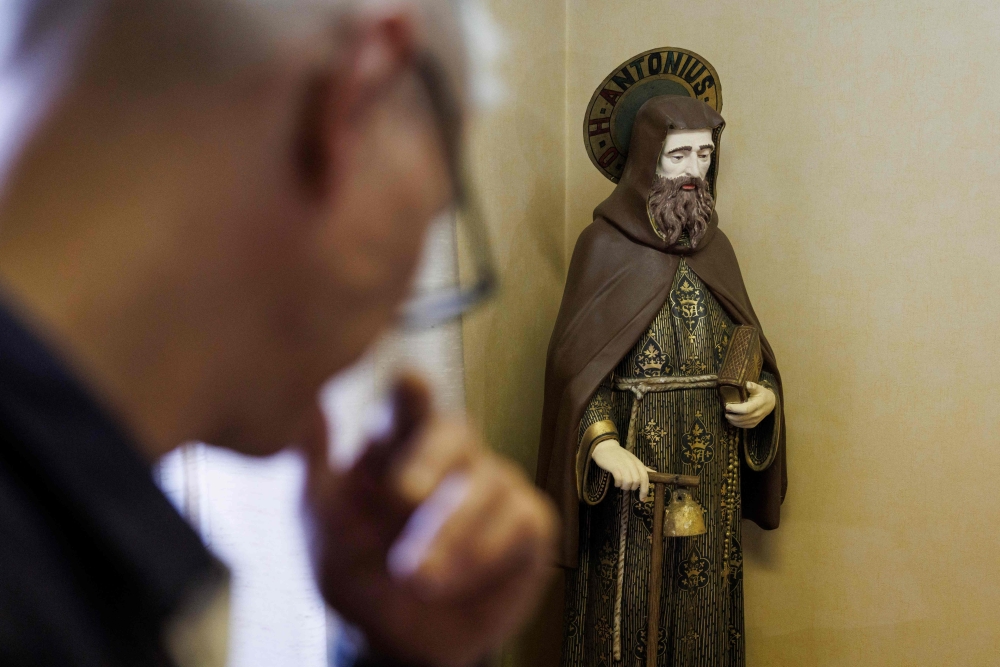 A statue of Saint Anthony of Padua is displayed in a room used by priests to conduct exorcism sessions at the Home Saint Joseph in Brussels September 11, 2024. — AFP pic