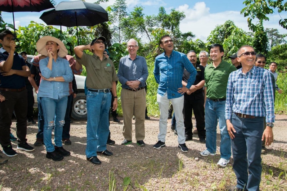 YSD’s former Chairman Tun Musa Hitam (second from left) and SFD’s former Director Datuk Sam Mannan (third from right) viewing orangutan nests on the trees planted since 2009 under the project. — Picture courtesy of YSD