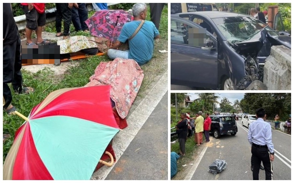 A father and son were killed when the Perodua Axia car they were travelling in crashed into a bridge wall at Km21 of Jalan Kuala Pilah-Tampin yesterday. — Picture courtesy of IPD Kuala Pilah