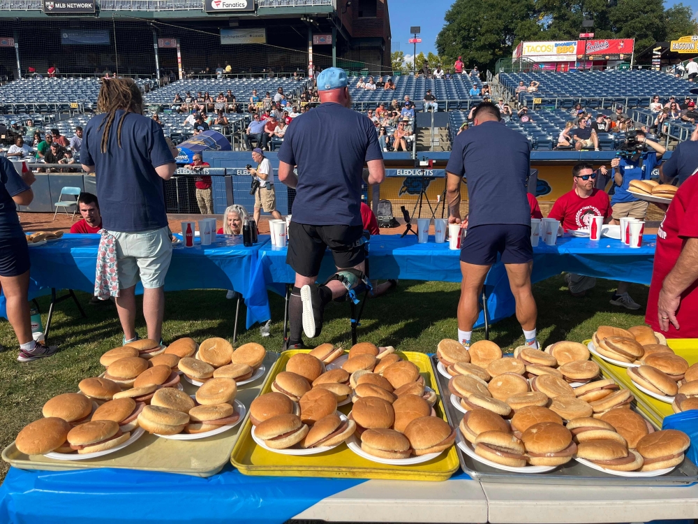 Pork rolls lined up for competitors in a pork roll competitive eating contest in Trenton, New Jersey, on September 21, 2024. — AFP pic