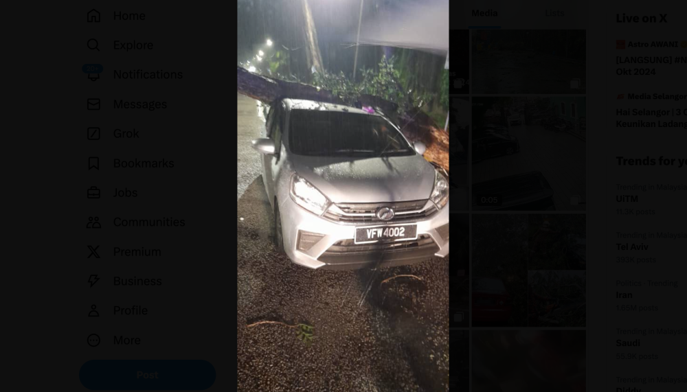 A 33-year-old woman had a scare when a tree fell on her Perodua Axia car while she was in it at the Taman Megah LRT station during a storm on October 2, 2024. — Picture courtesy of Bomba Selangor 