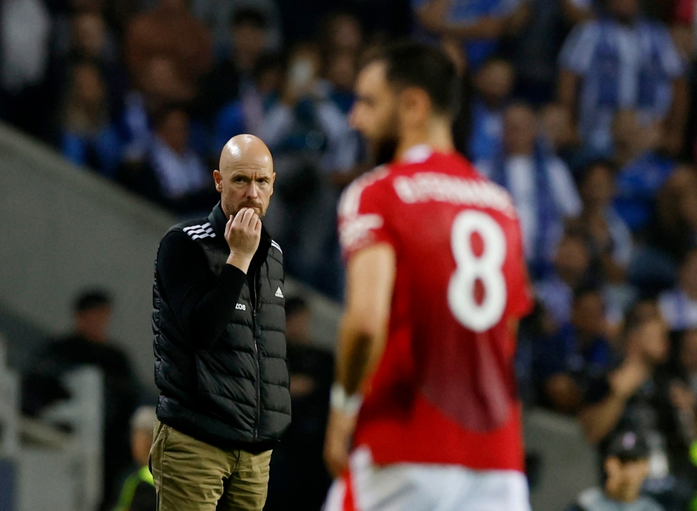 Manchester United manager Erik ten Hag reacts during his team’s Europa League match against FC Porto at the Estadio do Dragao, Porto, Portugal on October 3, 2024. — Reuters pic