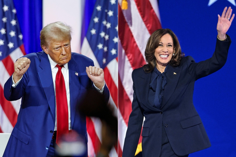 This combination of pictures created on September 9, 2024 shows former US President and Republican presidential candidate Donald Trump dancing as he leaves the stage after speaking alongside former US Representative Tulsi Gabbard during a town hall meeting in La Crosse, Wisconsin, on August 29, 2024 and US Vice President and Democratic presidential candidate Kamala Harris arriving onstage to speak on the fourth and last day of the Democratic National Convention (DNC) at the United Center in Chicago, Illinois, on August 22, 2024. — AFP pic 