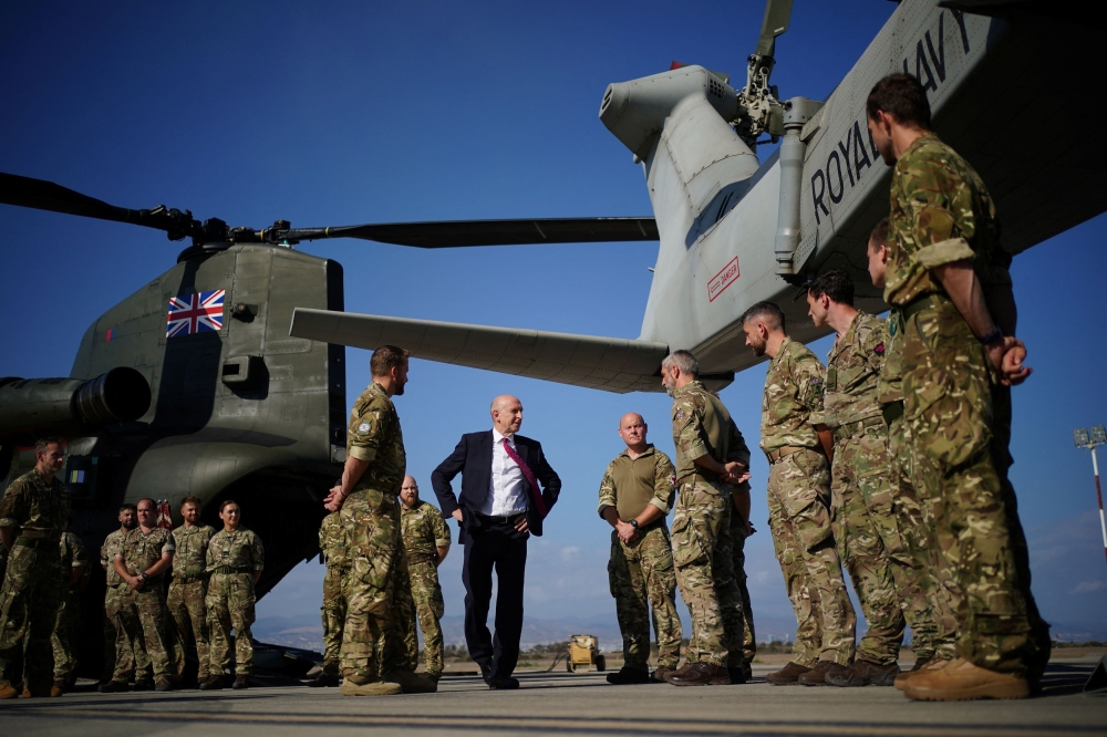 Britain's Defence Secretary John Healey visits RAF Akrotiri, during a visit to Cyprus to meet troops as the Government steps up efforts for a potential evacuation of Lebanon with the Middle East teetering on the brink of wider war, October 2, 2024. — Yui Mok/Pool pic via Reuters  